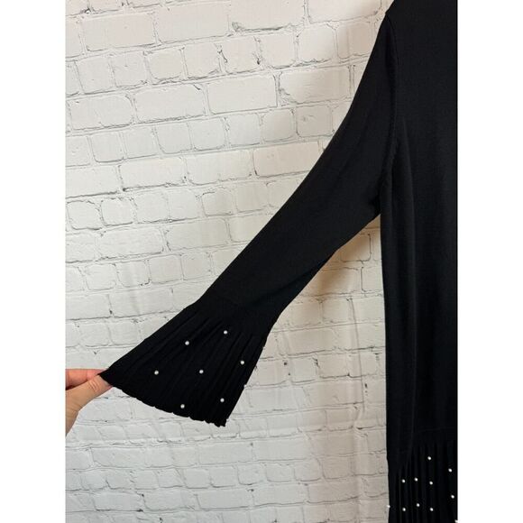CHICO'S black knit cotton rayon pearl embellished pleated cardigan 1 M NWOT - Picture 5 of 9